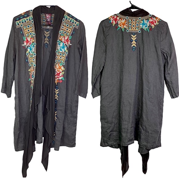 Johnny Was JWLA Gray Embroidered 100% Linen Kimono Jacket Size Medium - Picture 3 of 16